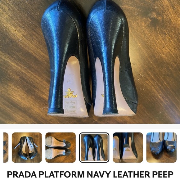 Prada Navy Platform Peep Toe Leather Shoes Size 7 (37) - Picture 6 of 8